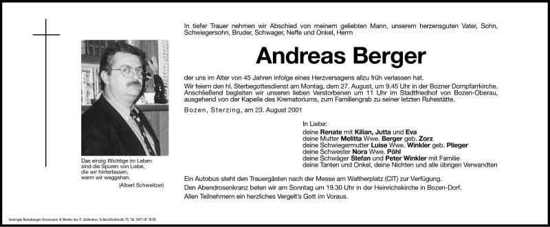  Traueranzeige für Andreas Berger vom 25.08.2001 aus Dolomiten