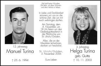 Traueranzeige von Helga Turina von Dolomiten