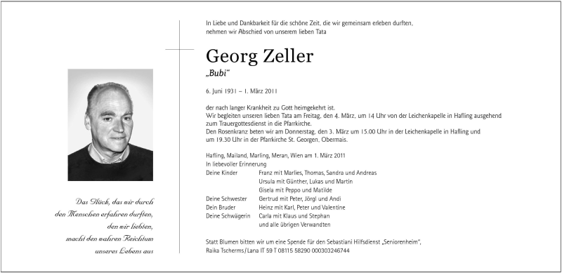  Traueranzeige für Georg Zeller vom 03.03.2011 aus Dolomiten