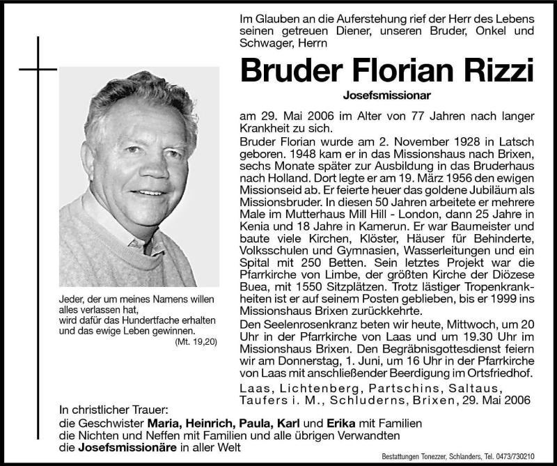  Traueranzeige für Bruder Florian Rizzi vom 31.05.2006 aus Dolomiten