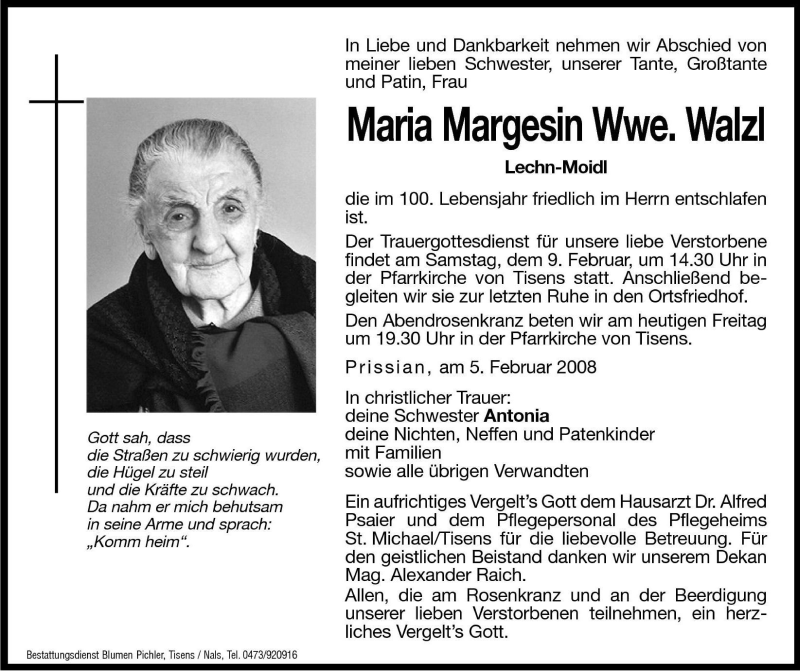  Traueranzeige für Maria Walzl vom 08.02.2008 aus Dolomiten