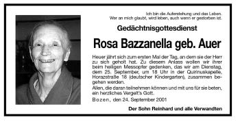 Traueranzeige von Rosa Bazzanella von Dolomiten