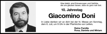 Traueranzeige von Giacomino Doni von Dolomiten