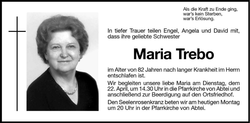  Traueranzeige für Maria Trebo vom 21.04.2008 aus Dolomiten