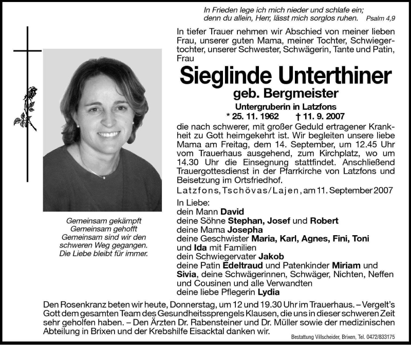  Traueranzeige für Sieglinde Unterthiner vom 13.09.2007 aus Dolomiten