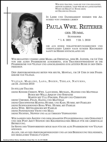 Traueranzeige von Paula Reiterer von Dolomiten