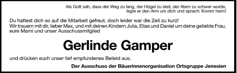  Traueranzeige für Gerlinde Gamper vom 15.06.2011 aus Dolomiten