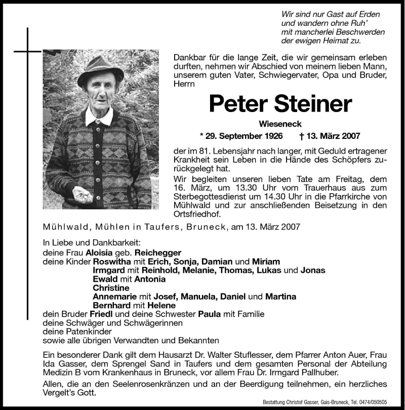  Traueranzeige für Peter Steiner vom 15.03.2007 aus Dolomiten