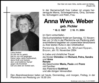 Traueranzeige von Anna Weber von Dolomiten