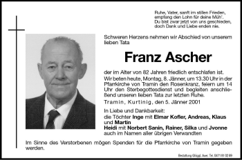 Traueranzeige von Franz Ascher von Dolomiten