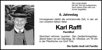 Traueranzeige von Karl Raffl von Dolomiten