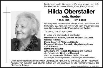 Traueranzeige von Hilda Oberstaller von Dolomiten