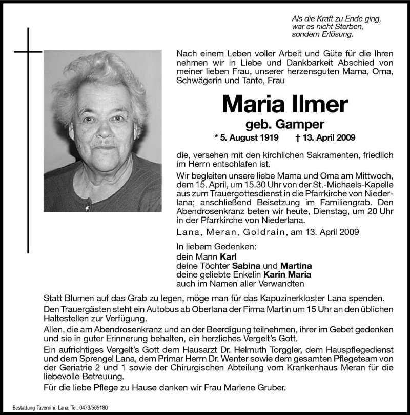  Traueranzeige für Maria Ilmer vom 14.04.2009 aus Dolomiten