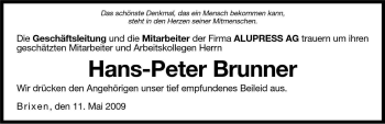 Traueranzeige von Hans-Peter Brunner von Dolomiten