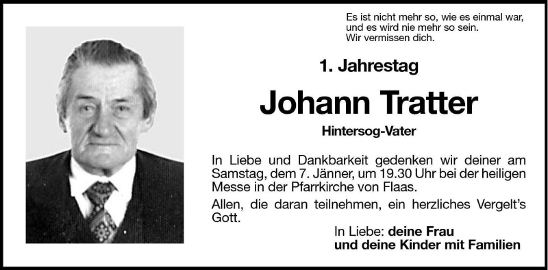  Traueranzeige für Johann Tratter vom 05.01.2006 aus Dolomiten