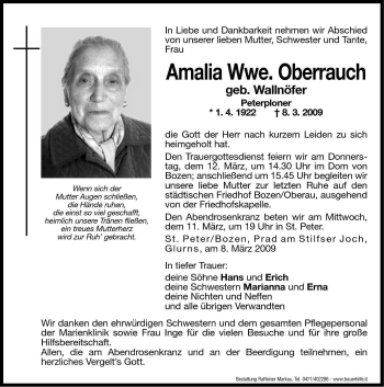 Traueranzeige von Amalia Oberrauch von Dolomiten