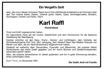Traueranzeige von Karl Raffl von Dolomiten