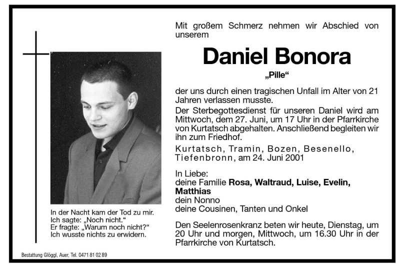  Traueranzeige für Daniel Bonora vom 26.06.2001 aus Dolomiten