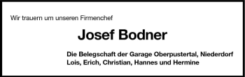 Traueranzeige von Josef Bodner von Dolomiten