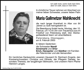 Traueranzeige von Maria Gallmetzer von Dolomiten