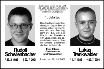 Traueranzeige von Lukas Trenkwalder von Dolomiten