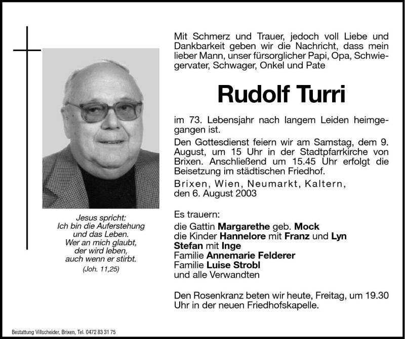  Traueranzeige für Rudolf Turri vom 08.08.2003 aus Dolomiten