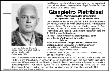 Traueranzeige von Gianpietro Pietribiasi von Dolomiten