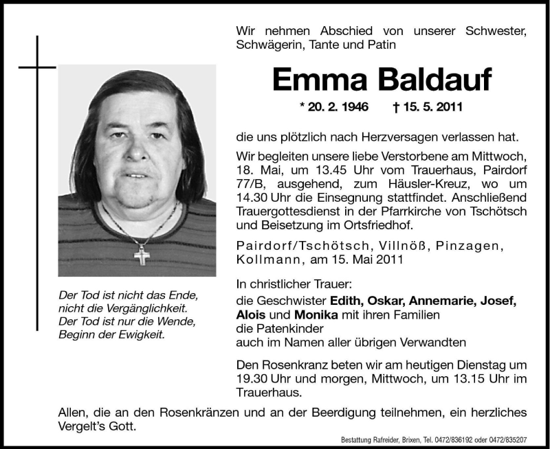  Traueranzeige für Emma Baldauf vom 17.05.2011 aus Dolomiten
