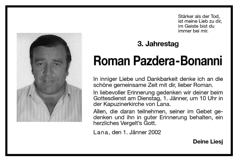  Traueranzeige für Roman Pazdera-Bonanni vom 27.12.2001 aus Dolomiten