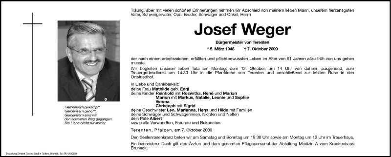  Traueranzeige für Josef Weger vom 09.10.2009 aus Dolomiten