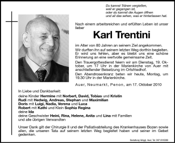 Traueranzeige von Karl Trentini von Dolomiten