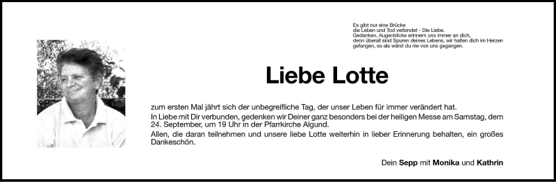  Traueranzeige für Lotte  vom 23.09.2005 aus Dolomiten