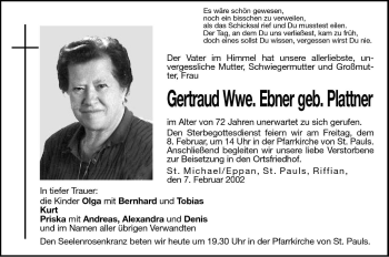 Traueranzeige von Gertraud Ebner von Dolomiten