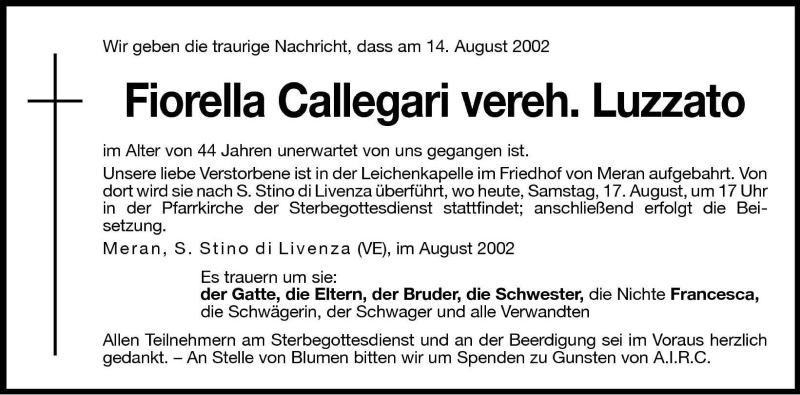  Traueranzeige für Fiorella Callegari vom 17.08.2002 aus Dolomiten