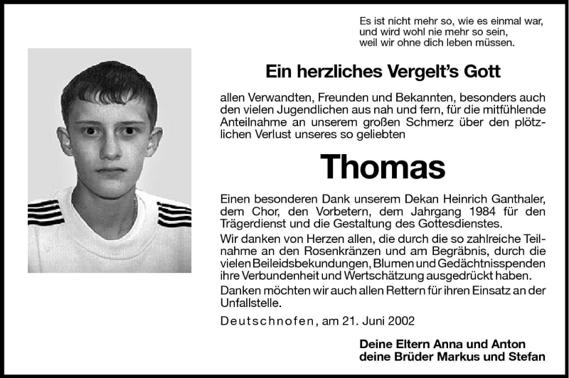  Traueranzeige für Thomas  vom 21.06.2002 aus Dolomiten