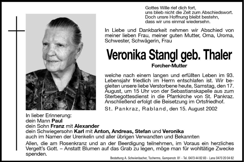  Traueranzeige für Veronika Stangl vom 17.08.2002 aus Dolomiten