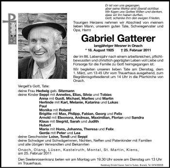Traueranzeige von Gabriel Gatterer von Dolomiten