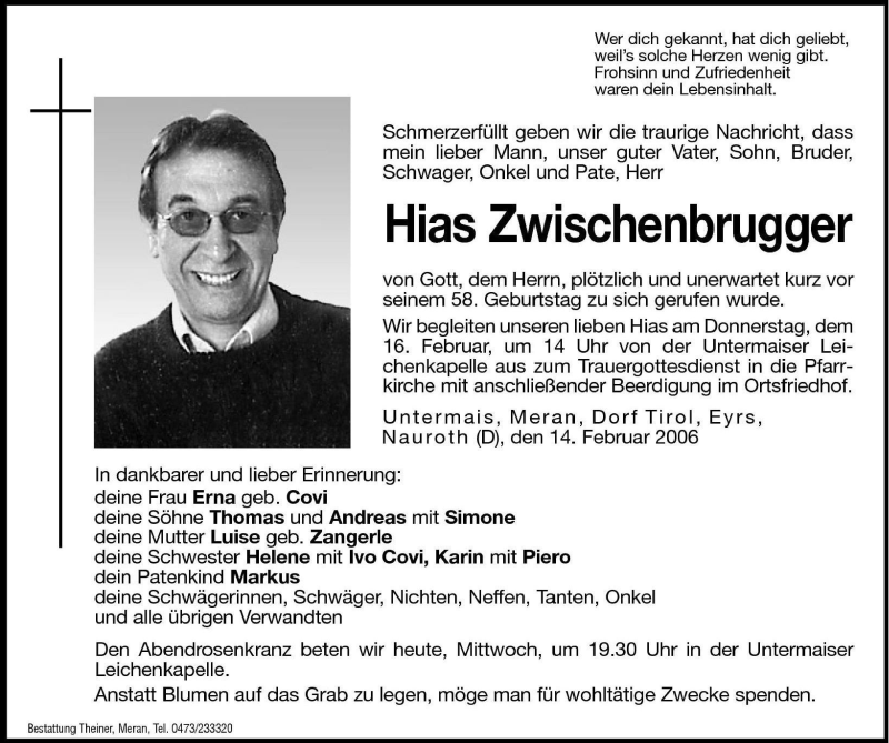  Traueranzeige für Hias Zwischenbrugger vom 15.02.2006 aus Dolomiten