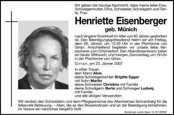 Traueranzeige von Henriette Eisenberger von Dolomiten