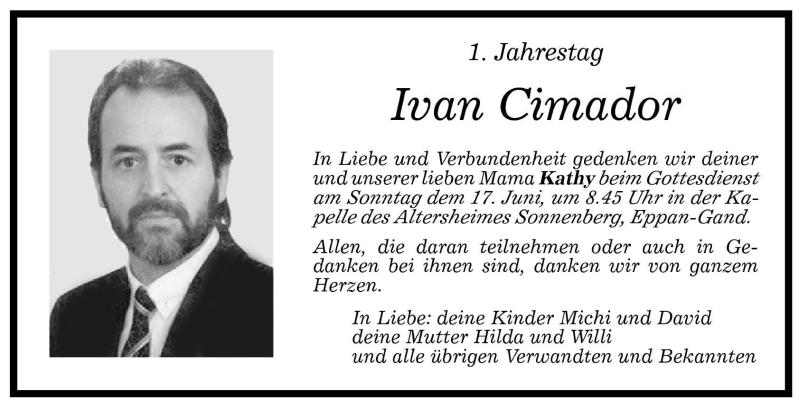  Traueranzeige für Ivan Cimador vom 12.06.2001 aus Dolomiten