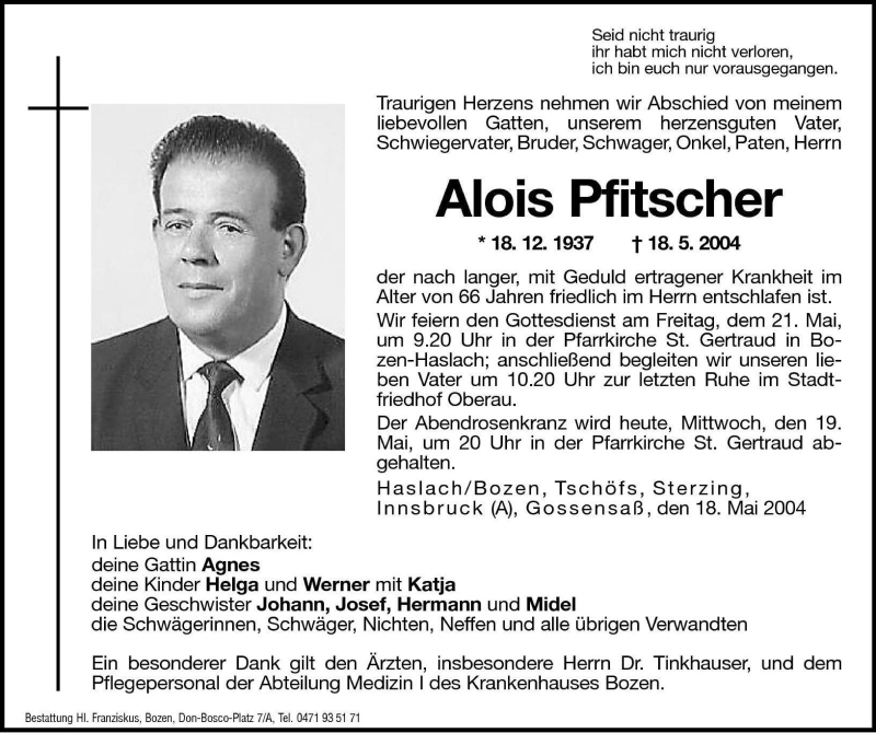  Traueranzeige für Alois Pfitscher vom 19.05.2004 aus Dolomiten