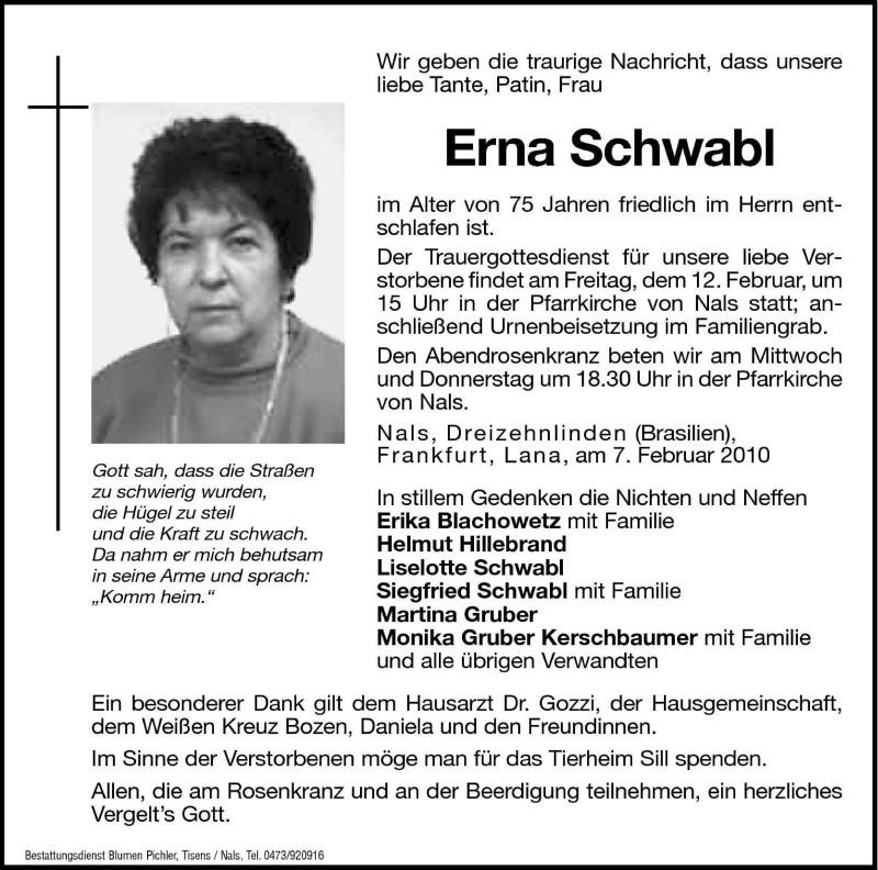  Traueranzeige für Erna Schwabl vom 10.02.2010 aus Dolomiten