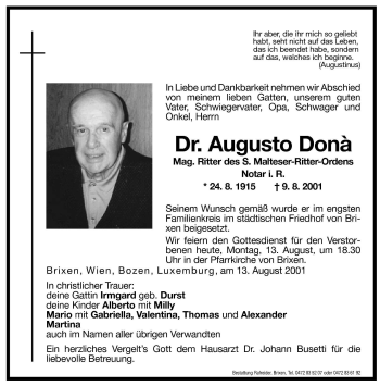Traueranzeige von Augusto Dona von Dolomiten