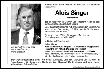 Traueranzeige von Alois Singer von Dolomiten