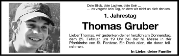 Traueranzeige von Thomas Gruber von Dolomiten