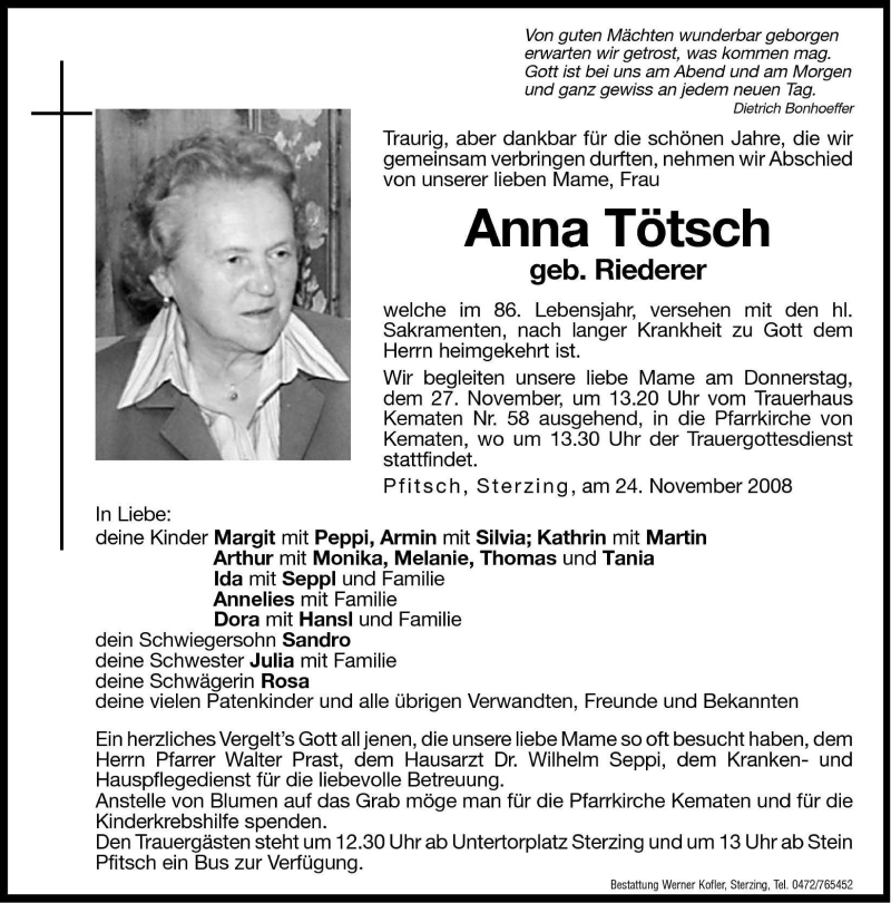  Traueranzeige für Anna Tötsch vom 26.11.2008 aus Dolomiten