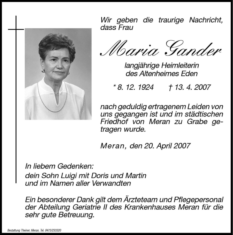  Traueranzeige für Maria Gander vom 20.04.2007 aus Dolomiten