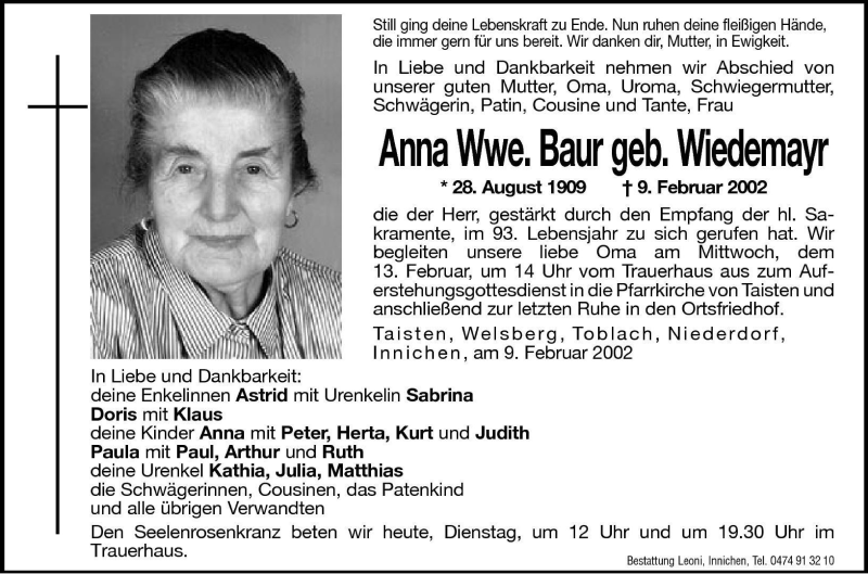  Traueranzeige für Anna Baur vom 12.02.2002 aus Dolomiten