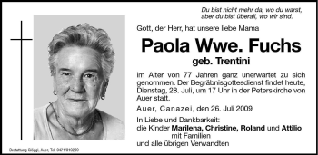 Traueranzeige von Paola Fuchs von Dolomiten