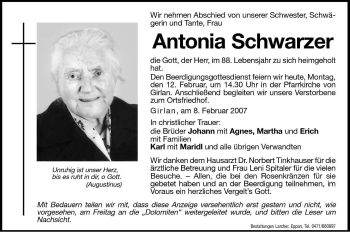Traueranzeige von Antonia Schwarzer von Dolomiten